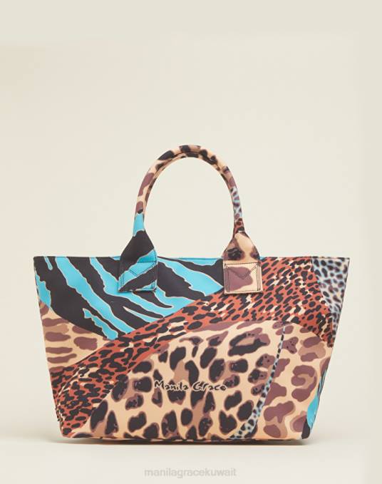 Manila Grace شنطة نحيف الغبار الأزرق حقيبة تسوق للشاطئ من القماش الكتاني بطبعات Animalier Z2TJ501