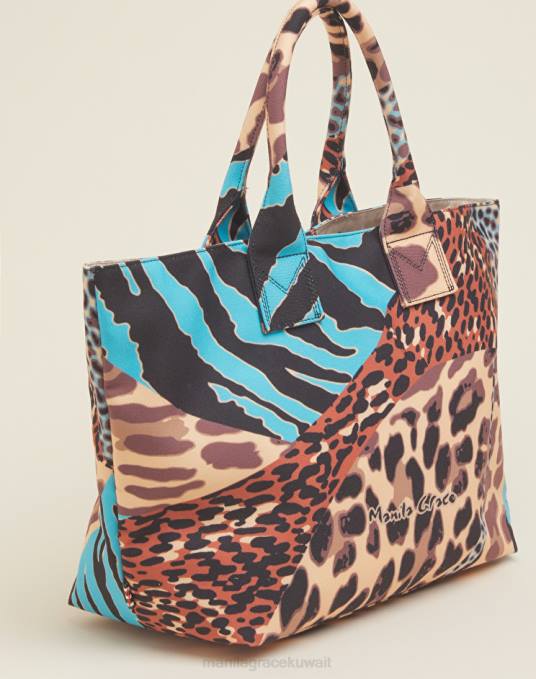 Manila Grace شنطة نحيف الغبار الأزرق حقيبة تسوق للشاطئ من القماش الكتاني بطبعات Animalier Z2TJ501