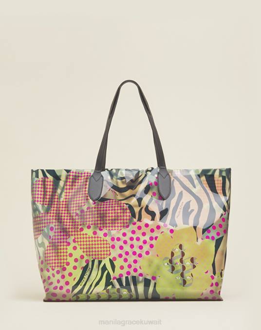 Manila Grace شنطة نحيف الكاكي الأخضر حقيبة تسوق للشاطئ من مادة PVC بطبعة Animalier Z2TJ502