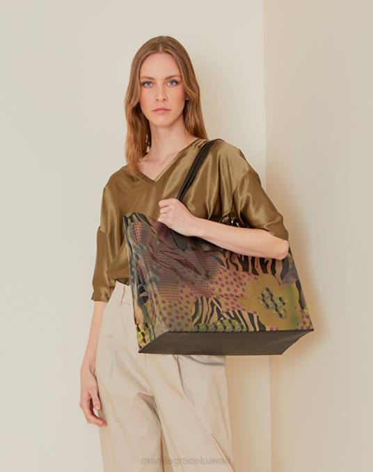 Manila Grace شنطة نحيف الكاكي الأخضر حقيبة تسوق للشاطئ من مادة PVC بطبعة Animalier Z2TJ502