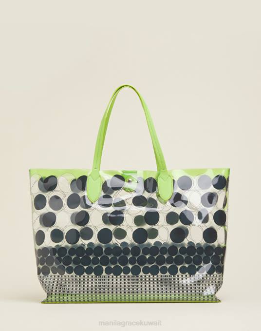 Manila Grace شنطة نحيف الأخضر الحمضي حقيبة تسوق للشاطئ من مادة PVC بطباعة نقاط البولكا Z2TJ497