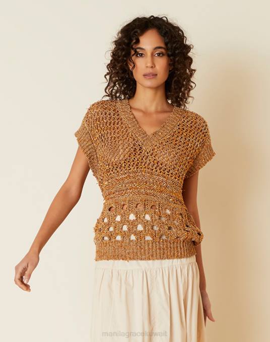 Manila Grace ملابس نحيف كاكي الأخضر سترة كروشيه بياقة على شكل حرف V Z2TJ139