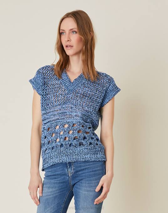 Manila Grace ملابس نحيف ازرق غامق سترة كروشيه بياقة على شكل حرف V Z2TJ141