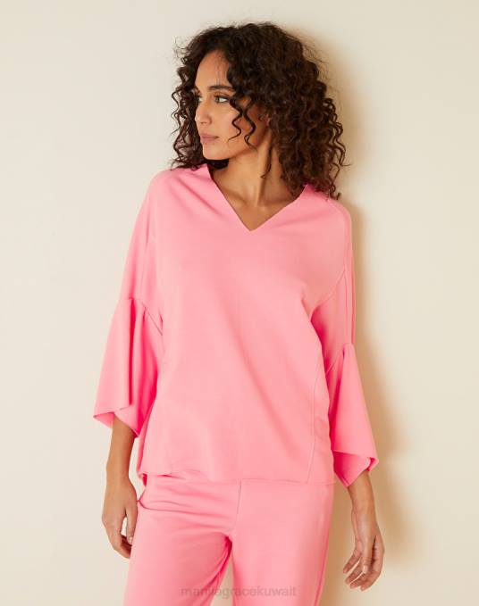 Manila Grace ملابس نحيف لون القرنفل سويت شيرت برقبة على شكل حرف V مصنوع من القطن المطاطي Z2TJ201