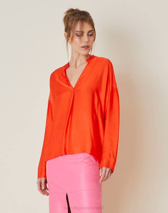 Manila Grace ملابس نحيف البرتقالي بلوزة بياقة شريطية ورقبة على شكل حرف V Z2TJ209