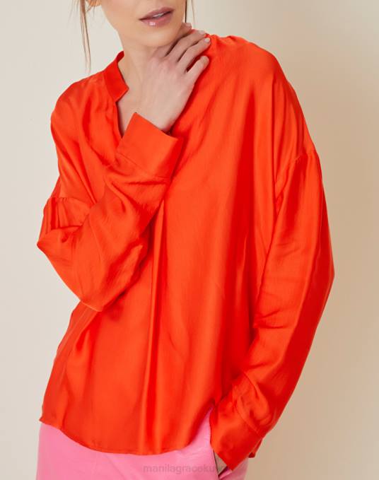 Manila Grace ملابس نحيف البرتقالي بلوزة بياقة شريطية ورقبة على شكل حرف V Z2TJ209