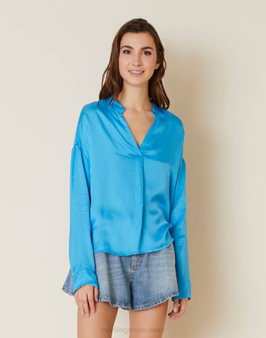 Manila Grace ملابس نحيف ازرق غامق بلوزة بياقة شريطية ورقبة على شكل حرف V Z2TJ215