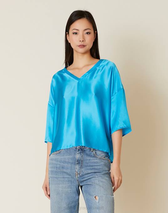 Manila Grace ملابس نحيف الأزرق البنزين بلوزة حريرية برقبة على شكل حرف V Z2TJ217