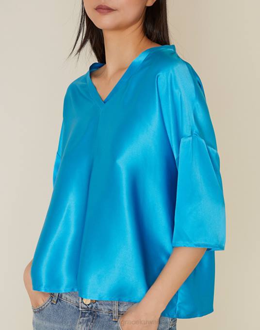 Manila Grace ملابس نحيف الأزرق البنزين بلوزة حريرية برقبة على شكل حرف V Z2TJ217