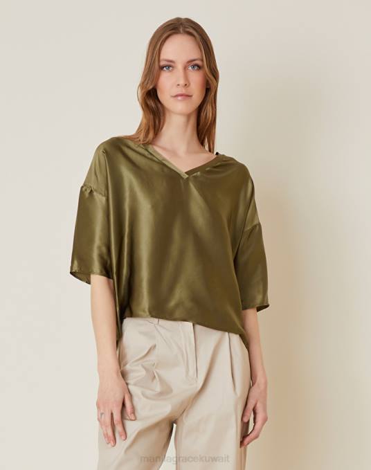 Manila Grace ملابس نحيف الأخضر العسكري بلوزة حريرية برقبة على شكل حرف V Z2TJ222
