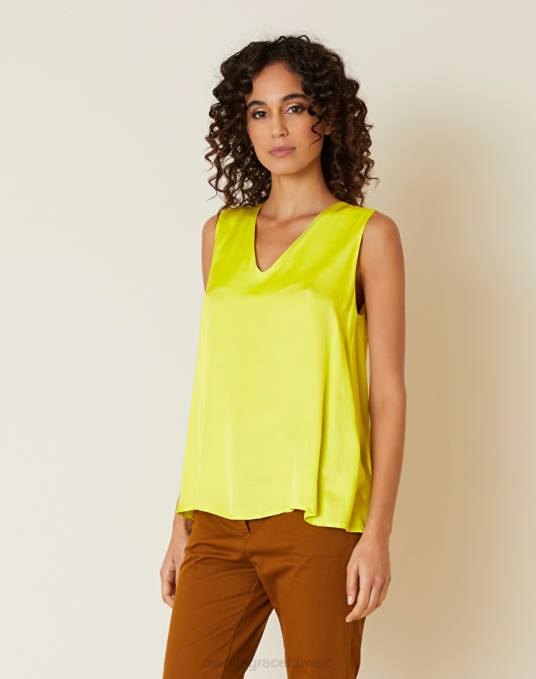 Manila Grace ملابس نحيف الأخضر الحمضي بلوزة بدون أكمام ورقبة على شكل حرف V من الفيسكوز Z2TJ250