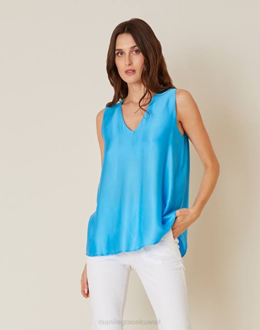 Manila Grace ملابس نحيف ازرق غامق بلوزة بدون أكمام ورقبة على شكل حرف V من الفيسكوز Z2TJ257