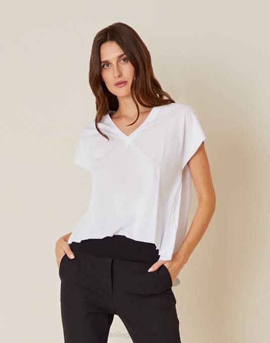 Manila Grace ملابس نحيف أبيض بصري تي شيرت قطن برقبة على شكل حرف V Z2TJ289