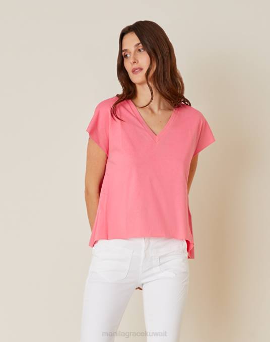Manila Grace ملابس نحيف لون القرنفل تي شيرت قطن برقبة على شكل حرف V Z2TJ290