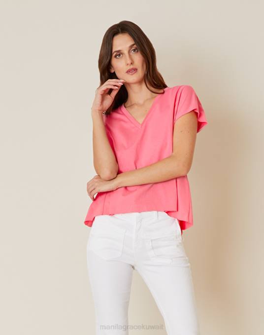 Manila Grace ملابس نحيف لون القرنفل تي شيرت قطن برقبة على شكل حرف V Z2TJ290