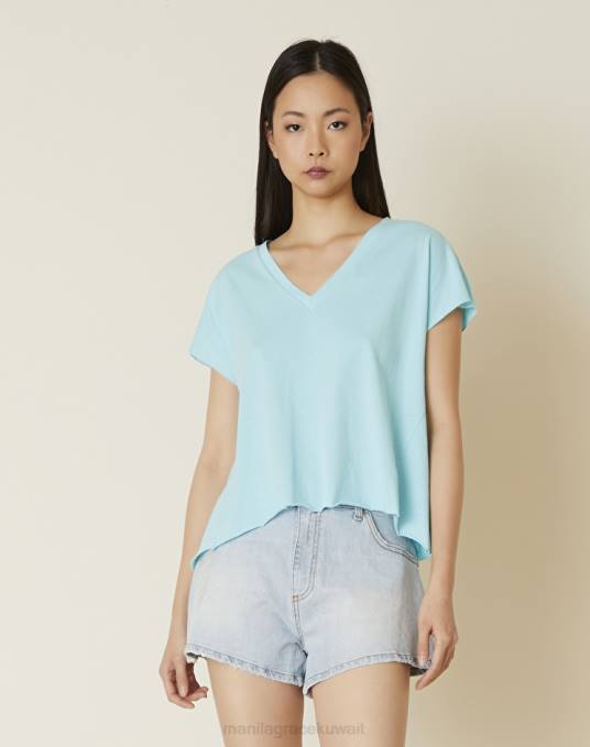 Manila Grace ملابس نحيف الفيروز تي شيرت قطن برقبة على شكل حرف V Z2TJ291