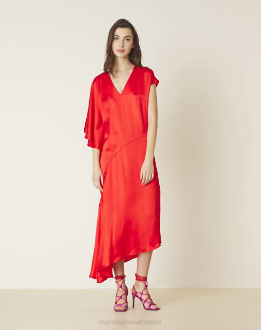 Manila Grace ملابس نحيف أحمر فستان برقبة على شكل حرف V غير متماثل Z2TJ45