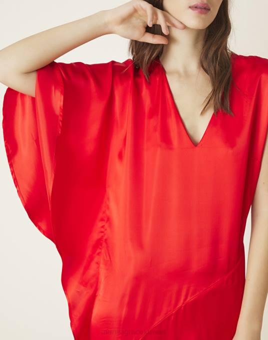 Manila Grace ملابس نحيف أحمر فستان برقبة على شكل حرف V غير متماثل Z2TJ45