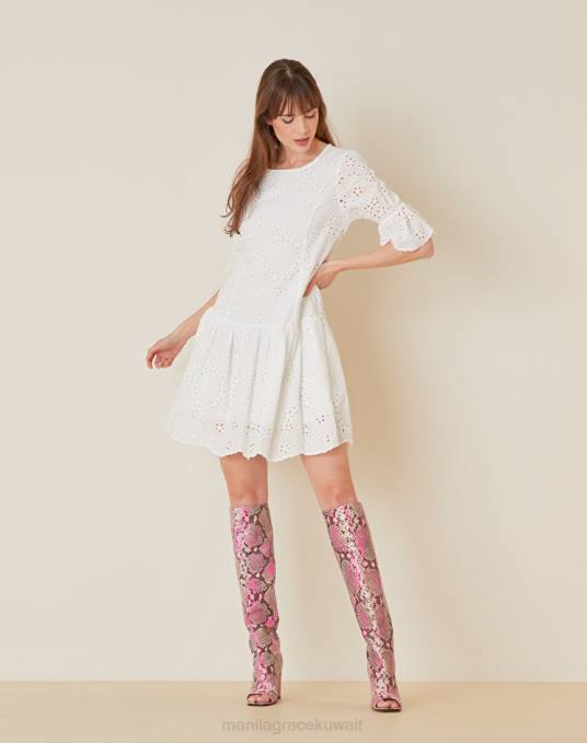 Manila Grace ملابس نحيف حليب ابيض فستان سانجالو من القطن بكشكشة Z2TJ1