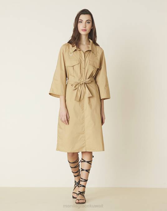 Manila Grace ملابس نحيف كاكي الأخضر فستان قطن كيميائي قصير Z2TJ10