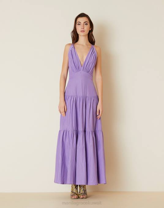 Manila Grace ملابس نحيف الخزامى فستان طويل مع الكشكشة Z2TJ102