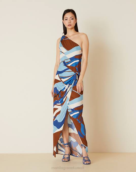 Manila Grace ملابس نحيف التبغ البني فستان بكتف واحد مع طباعة زهور Z2TJ103