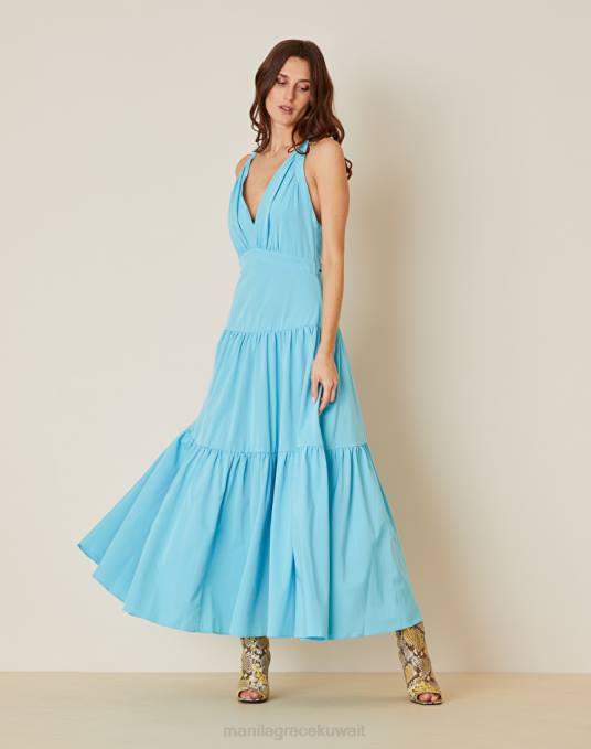 Manila Grace ملابس نحيف الفيروز فستان طويل مع الكشكشة Z2TJ104