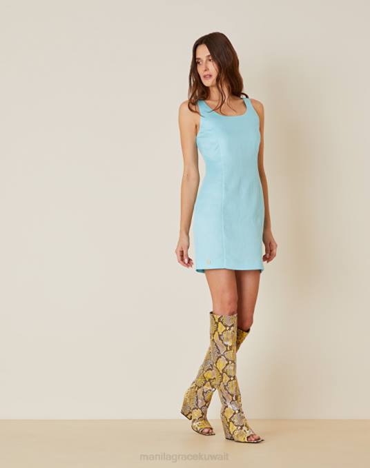 Manila Grace ملابس نحيف الفيروز فستان غمد قصير من الكتان المختلط Z2TJ106 Manila Grace ملابس نحيف الفيروز فستان غمد قصير من الكتان المختلط Z2TJ106