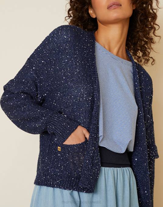 Manila Grace ملابس نحيف محيط أزرق سترة قصيرة من مزيج الكتان والقطن مع الترتر Z2TJ107