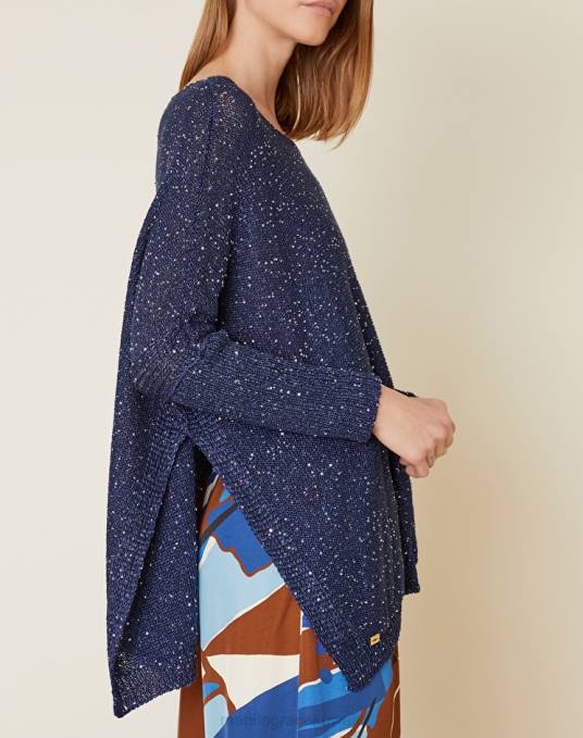 Manila Grace ملابس نحيف محيط أزرق سترة كبيرة الحجم من مزيج الكتان والقطن مع الترتر Z2TJ108