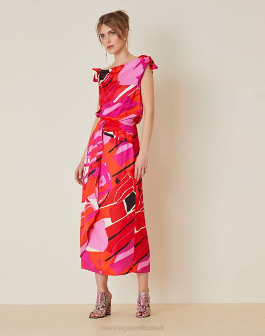 Manila Grace ملابس نحيف أحمر فستان بياقة متدلية مع طباعة زهور Z2TJ11