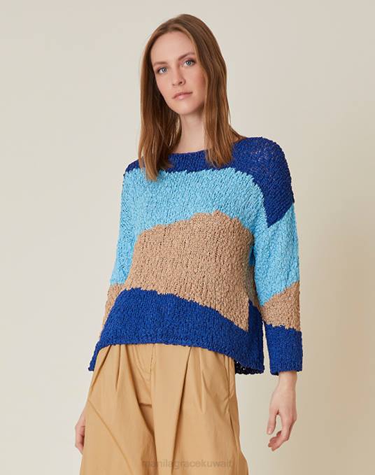 Manila Grace ملابس نحيف محيط أزرق سترة يشبه الصندوق مع شرائط ملونة Z2TJ117