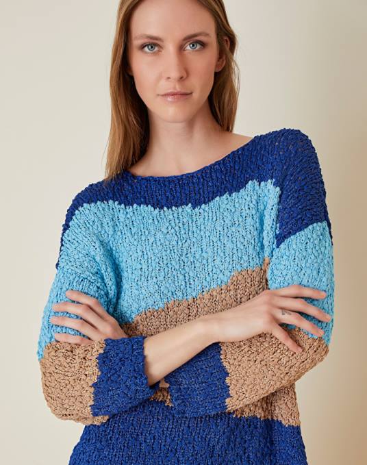 Manila Grace ملابس نحيف محيط أزرق سترة يشبه الصندوق مع شرائط ملونة Z2TJ117