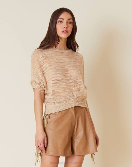 Manila Grace ملابس نحيف البيج الرملي سترة قصيرة في مزيج الكتان سلوب Z2TJ118