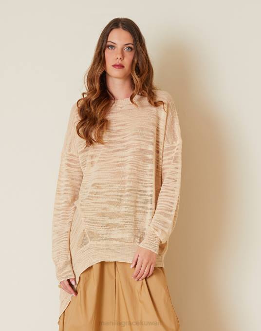 Manila Grace ملابس نحيف البيج الرملي سترة غير متماثلة في مزيج الكتان سلوب Z2TJ119