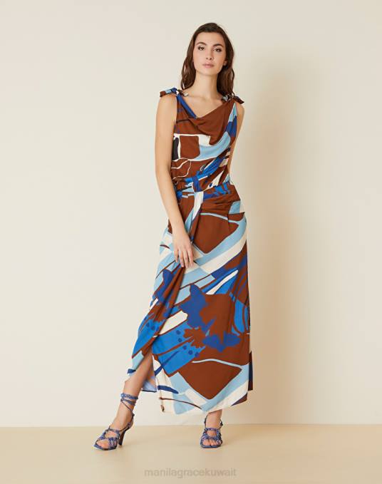 Manila Grace ملابس نحيف التبغ البني فستان بياقة متدلية مع طباعة زهور Z2TJ12