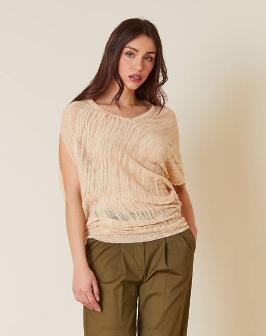 Manila Grace ملابس نحيف البيج الرملي سترة غير متماثلة بأكمام قصيرة من مزيج الكتان Z2TJ120