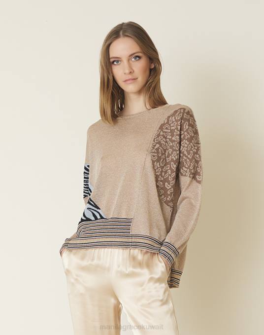 Manila Grace ملابس نحيف البيج الرملي سترة بحاشية غمسية من مزيج الفيسكوز واللوركس Z2TJ121