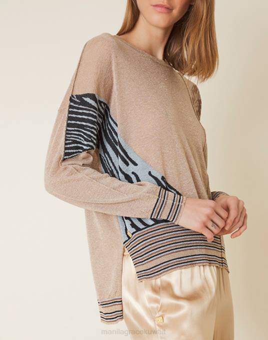 Manila Grace ملابس نحيف البيج الرملي سترة بحاشية غمسية من مزيج الفيسكوز واللوركس Z2TJ121