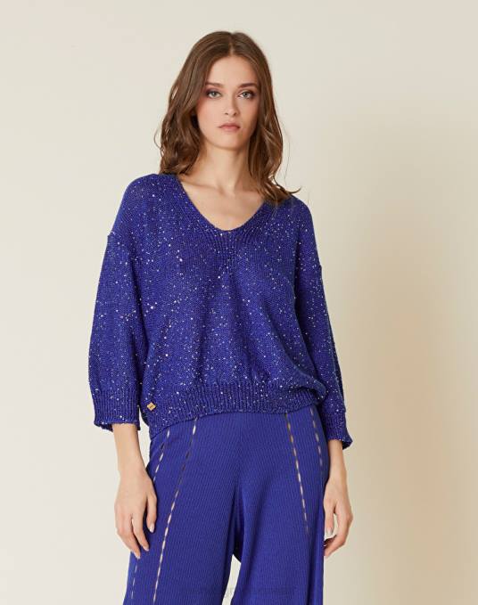 Manila Grace ملابس نحيف ازرق غامق سترة مطرزة من مزيج الكتان والقطن Z2TJ123