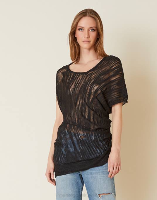 Manila Grace ملابس نحيف أسود سترة غير متماثلة بأكمام قصيرة من مزيج الكتان Z2TJ125