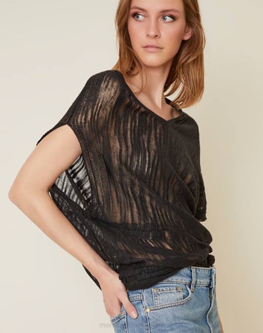 Manila Grace ملابس نحيف أسود سترة غير متماثلة بأكمام قصيرة من مزيج الكتان Z2TJ125