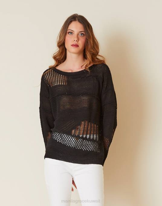 Manila Grace ملابس نحيف أسود سترة كبيرة الحجم مصنوعة من مزيج القطن المتماسك المفتوح Z2TJ127