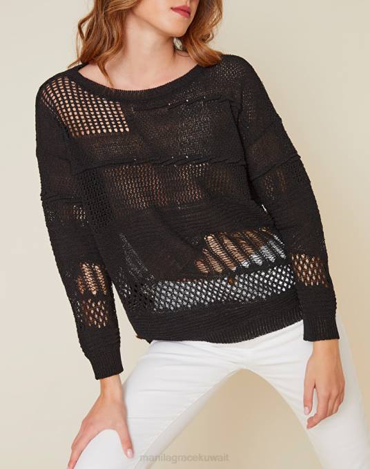 Manila Grace ملابس نحيف أسود سترة كبيرة الحجم مصنوعة من مزيج القطن المتماسك المفتوح Z2TJ127