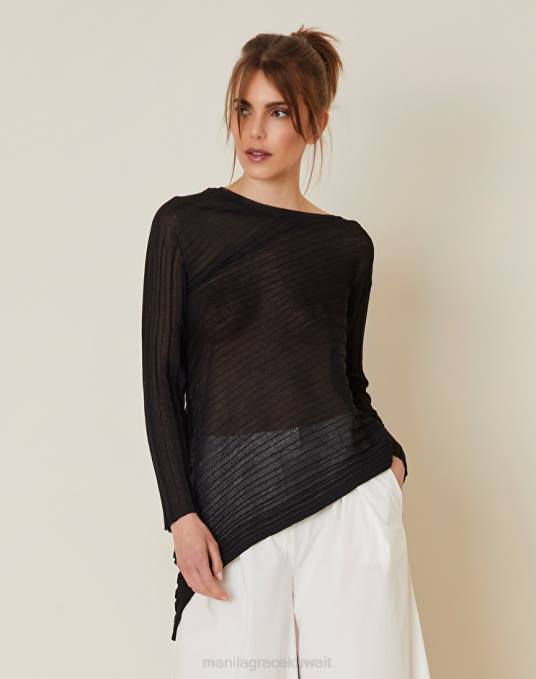 Manila Grace ملابس نحيف أسود سترة غير متماثلة من مزيج الفيسكوز المضلع Z2TJ129