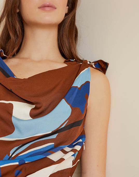 Manila Grace ملابس نحيف التبغ البني فستان بياقة متدلية مع طباعة زهور Z2TJ12