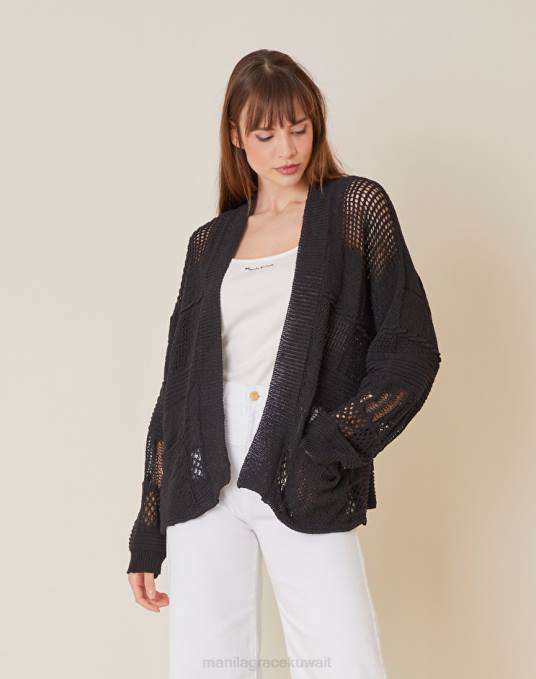 Manila Grace ملابس نحيف أسود سترة من مزيج القطن متماسكة مفتوحة Z2TJ130