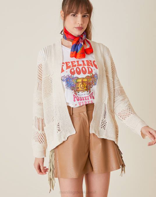 Manila Grace ملابس نحيف البيج الرملي سترة من مزيج القطن متماسكة مفتوحة Z2TJ131