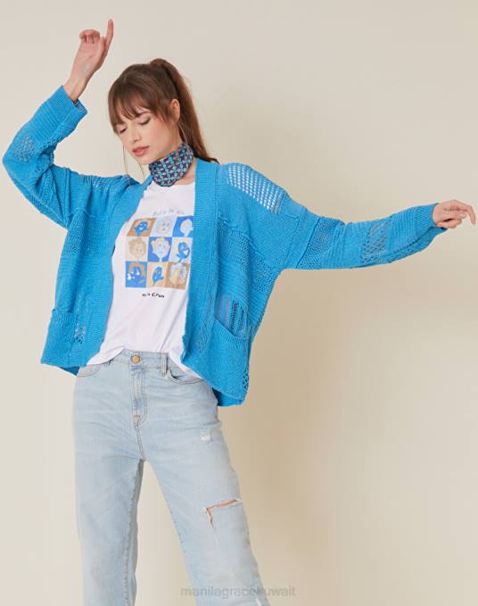 Manila Grace ملابس نحيف أزرق فاتح سترة من مزيج القطن متماسكة مفتوحة Z2TJ132