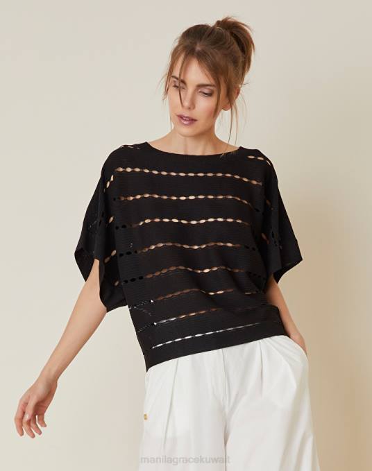 Manila Grace ملابس نحيف أسود سترة مثقوبة مع رقبة قارب من مزيج الفيسكوز Z2TJ133